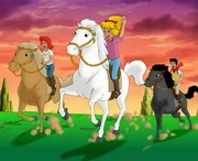 Bibi (M.), Tina (l.) und Alex (r.) erleben gemeinsam viele Abenteuer auf dem Reiterhof.