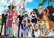 (v.l.n.r.) Zorro; Brook; Nami; Sanji; Ruffy; Robin; Chopper; Franky; Lysop
