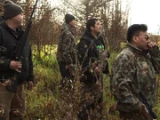 Patrick Erhart (L), Tyson Len Krista (CL), Joey Zuray (CR) and T'soodenaalneech H.A. Peters (R) have finally arrived to Fish Lake and are hoping to see if the fire has driven all the moose away from this sacred hunting area.