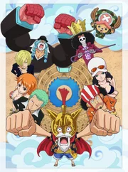 (im Uhrzeigersinn) Brook; Robin; Lysop; Ruffy; Zorro; Nami; Sanji; Franky; (oben r.) Chopper