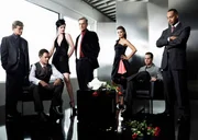 (6. Staffel) - Untersuchen Verbrechen, die auf irgendeine Weise mit der US-Navy oder dem Marine Korps zu tun haben: Vance (Rocky Carroll, r.), McGee (Sean Murray, 2.v.r.), Ducky (David McCallum, l.), DiNozzo (Michael Weatherly, 2.v.l.), Abby (Pauley Perrette, 3.v.l.), Gibbs (Mark Harmon, M.) und Ziva (Cote de Pablo, 3.v.r.).