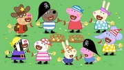 Klausi Kl&auml;ff (o.2.v.l.) feiert an seinem Geburtstag eine Piratenparty. Opa Wutz und Opa Kl&auml;ff haben f&uuml;r die Kinder eine Schatzsuche organisiert.