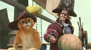 Der gestiefelte Kater (l.) ist mit seinen neu hinzugewonnen Freunden, der Piraten-Crew um Captain Alonso (r.), auf Schatzsuche. Wird die Truppe den lange herbeigesehnten Schatz finden?