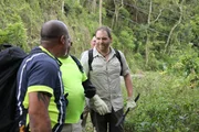 Josh, Benjamin Radford, Pedro &ldquo;Cuso&rdquo; Vidal, and Edgardo &ldquo;Nino&rdquo; Rodriguez hike to a cave where there was a possible Chupacabra siting in Barceloneta, Puerto Rico.