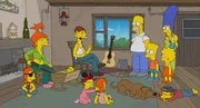(hinten v.l.n.r.) Brandine; Cletus; Homer; Bart; Lisa; Marge; Maggie