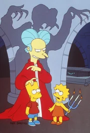 In Barts (l.) Tr&auml;umen taucht der b&ouml;se Vampir Mr. Burns (M.) in der Gem&auml;ldegalerie der Simpsons auf und verfolgt ihn und seine Schwester Lisa (r.).