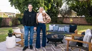 Tarek and Heather Rae El Moussa pose for a portrait with their completed backyard design for Flip/6072 Mahogany Ave, Westminster, CA 92683, as seen on The Flipping El Moussas, Season 2.