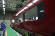 La Rochelle, France: Looking at one of the train cars of the AGV (Automotrice &ndash; grande vitesse) high speed train while on the Alstom factory floor.