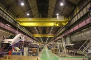 Belfort, France: A look inside Alstom's warehouse while an AGV is getting worked on.