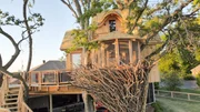 The exterior of the finished bird nest treehouse.