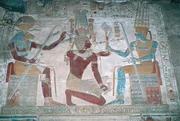 Egypt, Abydos, Temple of pharaoh Seti I, Osiris chapel, painted relief