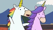 Bl&uuml;mchen (links) freut sich. Die Wohlf&uuml;hlberaterin Una (rechts) ist auf Durchreise im Magic Forest. Bl&uuml;mchen ist ein gro&szlig;er Fan des ber&uuml;hmten Einhorns.