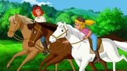 Bibi (r.) und Tina (l.) reiten auf Sabrina und Amadeus der t&uuml;rmenden Cleopatra hinterher.