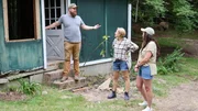 Ben and Erin Napier with Katie discuss the state of the poor structural state of the original cottage, as seen on Home Town, Season 8.