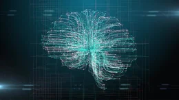 Das Bild zeigt eine digitale Abstraktion des menschlichen Gehirns, die k&uuml;nstliche Intelligenz (KI) und neuronale Netze symbolisiert.