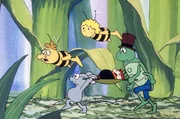 Alexander und Flip tragen auf einer Bahre eine Fliege zu Dr. Schnecke, Willi und Maja fliegen als Begleitschutz mit.