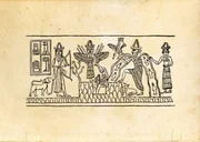 Der Aufstieg des Sonnengottes Schamasch. Abdruck eines babylonischen Siegels.