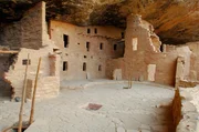 Restored Kivas in Plaza C, Three Story House and Tower, Spruce Tree House Cliff Dwelling, Anasazi Hisatsinom Ancestral Pueblo Site, Chapin Mesa, Mesa Verde National Park, Colorado.