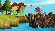 Zo&eacute; (li.), Hamid und QuackQuack bestaunen den m&auml;chtigen Damm, den der Biber mit seinen Freunden gebaut hat.