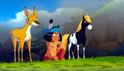 Yakari verfolgt zusammen mit seinem Pony Kleiner Donner eine Gabelhornantilope, die durch ein Feuer von ihrem Bruder Tipoo (l) getrennt wurde.