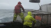 Northwestern crew struggling to prep a pot in bad weather.