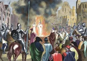 Templariusze / Burning of Knights Templar during the 14th century, 1851 (engraving) (later colouration) by Private Collection