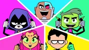 L-R: Raven, Starfire, Cyborg, Beast Boy, Robin