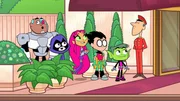v.li.: Cyborg, Raven, Starfire, Robin, Beast Boy, Doorman
