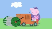 Vorne, l-r: George Pig, Peppa Pig. Hinter: Grandpa Pig.