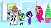 L-R: Cyborg, Beast Boy, Raven, Starfire
