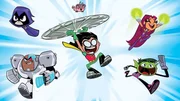 L-R: Raven, Cyborg, Robin, Starfire, Beast Boy