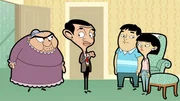 First and second from the left: Mrs. Wicket (voiced by Sally Grace), Mr. Bean (voiced by Rowan Atkinson) First and second from the left: Mrs. Wicket (voiced by Sally Grace), Mr. Bean (voiced by Rowan Atkinson)