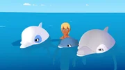 Yann und Zoom haben einen Baby-Delfin und seine Mutter entdeckt; Zoom ist begeistert, Yann etwas eifers&uuml;chtig.