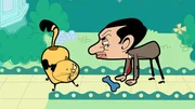 Second from the left: Mr. Bean (voiced by Rowan Atkinson) Second from the left: Mr. Bean (voiced by Rowan Atkinson)