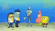 Squidward (m.), Patrick (2.v.r.), SpongeBob (r.). Squidward (m.), Patrick (2.v.r.), SpongeBob (r.).