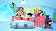 v.li.: Beast Boy, Cyborg, Robin, Starfire, Raven