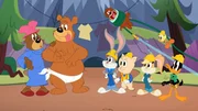 v.li.: Mama Bear, Junior Bear, Bugs Bunny, Papa Bear, Porky Pig, Lola Bunny, Tweety, Daffy Duck.