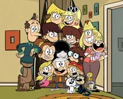 L-R: Lynn Loud Sr., Lola Loud, Luan Loud, Luna Loud, Lori Loud, Lincoln Loud, Lucy Loud, Leni Loud, Lynn Loud, Lisa Loud, Lana Loud, Charles, Cliff, Geo, Walt, Rita Loud, Lily Loud