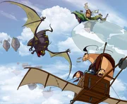 Dragon Hunters &mdash; ZaZa, Hector, Gwizdo und Lian Chu (v. l.) fl&uuml;chten mit ihrem Flugschrauber vor einem Drachen.