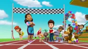 Vorne, l-r: Mayor Goodway, Skye, Zuma, Ryder, Rocky, Marshall, Rubble, Chase, Chickaletta
