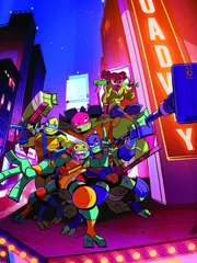 L-R: Leonardo, Michelangelo, Raphael, Donatello, April O'Neil