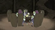 Mitte, l-r: SpongeBob, Squidward