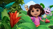 Dora erkundet mit dem Affen Boots und Backpack, dem sprechenden Rucksack, die Welt.