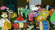 Sandy (l.), Mr. Krabs (3.v.l.)