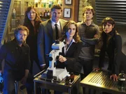 BONES: Pictured L-R: TJ Thyne, Michaela Conlin, David Boreanaz, Emily Deschanel, Eric Millegan and Tamara Taylor.
