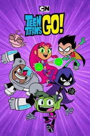 Second from left: Cyborg, in middle up: Starfire, in middle down: Beast Boy, second from right: Raven, first from right: Robin.
