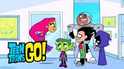 L-R: Starfire, Beast Boy, Robin, Cyborg, Raven