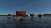 Ein computergeneriertes 3D-Bild zeigt die r&ouml;mische Flotte auf der Donau.
