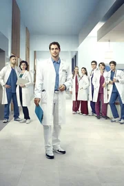 "In aller Freundschaft - Die jungen &Auml;rzte": Im Mittelpunkt der Geschichten steht ein junges &Auml;rzteteam um den Oberarzt Dr. Niklas Ahrend (Roy Peter Link) am Johannes-Thal-Klinikum in Erfurt. Im Bild vorne: Dr. Niklas Ahrend (Roy Peter Link). Hintere Reihe v.l.n.r.: Dr. Matteo Moreau (Mike Adler), Prof. Dr. Karin Patzelt (Marijam Agischewa), Julia Berger (Mirka Pigulla), Annika R&ouml;sler (Paula Schramm), Elias B&auml;hr (Stefan Ruppe), Dr. Theresa Koshka (Katharina Nesytowa), Ben Ahlbeck (Philipp Danne).