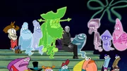Hinter: FlimFlam Brothers (2. und 3.v.l.), Flying Dutchman (4.v.l.), Nosferatu (m.), Granny Tentacles (3.v.r.), Squidina (2.v.r.), Patrick (r.).